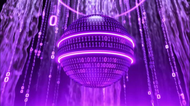 Futuristic digital sphere with binary code and glowing purple neon lights in a waterfall
