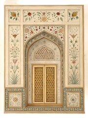 Mughal Floral Arch Window Design with Intricate Jali Pattern Artwork