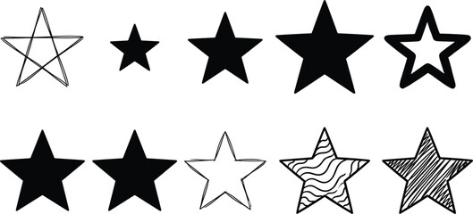 Set of hand drawn vector star icons, black doodle sketch collection for rating, ranking, design decoration, and textured shapes.