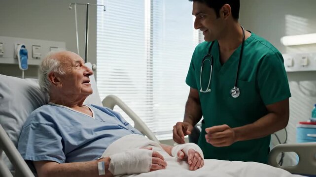 Caring Doctor Attending to Elderly Patient - A young, caring doctor in green scrubs is tending to an elderly patient in a hospital bed.