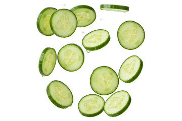 PNG. fresh cucumbers slices falling. Falling cucumber slices on transparent background.