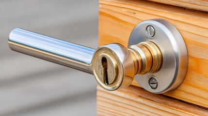 A close-up view of a polished door handle with a keyhole, mounted on wooden door