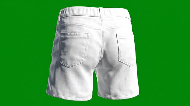 white fabric shorts mockup rotating in full 360-degree loop on clean green screen for apparel preview use