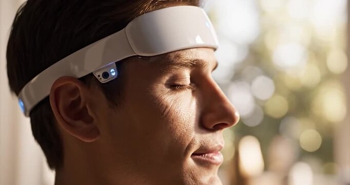 Man wearing a brain-sensing headband for meditation and relaxation.