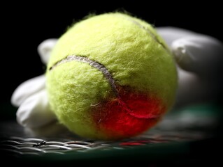 A close-up view of a worn tennis ball resting on a textured surface, with bright lighting