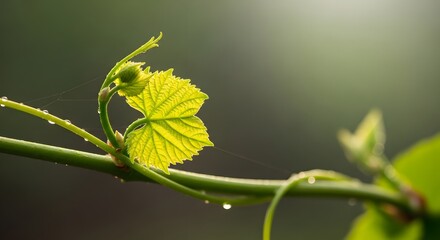 Fresh green vine leaf glowing in soft sunlight. Nature's growth and springtime renewal. Close-up of grapevine shoot with dew drops in a bright garden