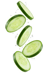 PNG. fresh cucumbers slices falling. Falling cucumber slices on transparent background.