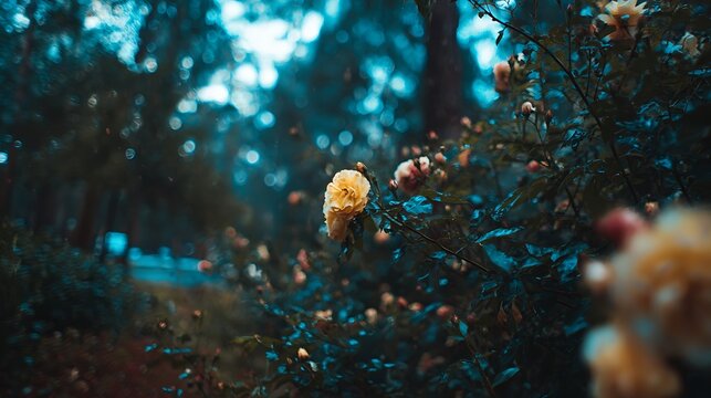 A close-up view of delicate yellow flowers blooming in a serene, blurred-background garden scene - Powered by Adobe
