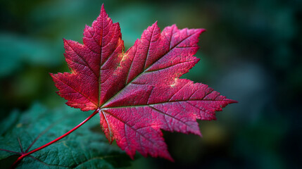 Obraz premium Stunning Vibrant Red Maple Leaf Against a Soft Green Background Showcasing Early Autumn Colors