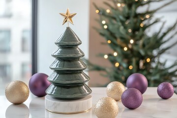 Stylized ceramic Christmas tree decoration sits on marble base surrounded by glittering ornaments
