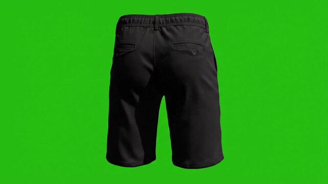 Black fabric shorts mockup rotating in full 360-degree loop on clean green screen for apparel preview use