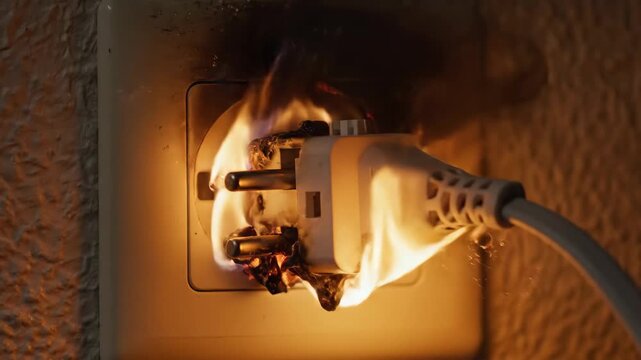 Electrical Outlet Fire Hazard - A close-up shot captures an electrical outlet with a white power plug engulfed in flames.