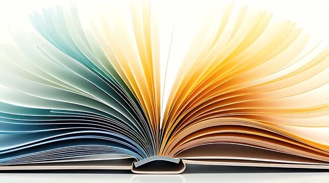Abstract open book shape made of layered colorful lines on a white background, symbolizing learning, knowledge expansion, creativity, and personal growth.