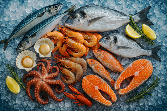 Fresh Assorted Seafood Flat Lay on Ice &ndash; Fish, Shrimp, Octopus, Scallops, and Salmon Steaks