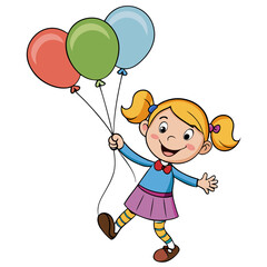 Happy Little Girl with Colorful Balloons &ndash; Playful and Joyful Illustration