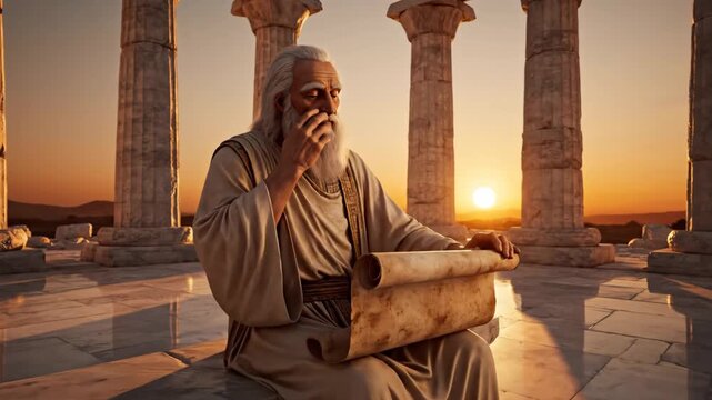 Ancient Scholar Reading Scroll at Sunset - An elderly scholar with a long white beard is seated among ancient Greek columns, holding a rolled-up scroll.