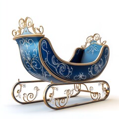Ornate royal blue and gold sleigh featuring intricate scrollwork and crystal accents isolated on a clean white background for holiday design