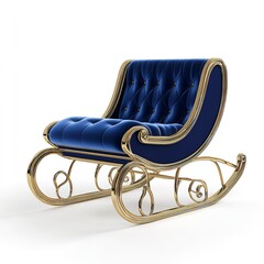Luxurious royal blue velvet sleigh chair with ornate gold trim isolated on a clean white background for holiday luxury design