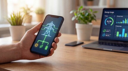 smartphone with smart home automation app controlling energy consumption  for internet of things technology and connected device management
