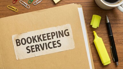 bookkeeping services with office supplies on wooden desk for accounting financial management and business administration