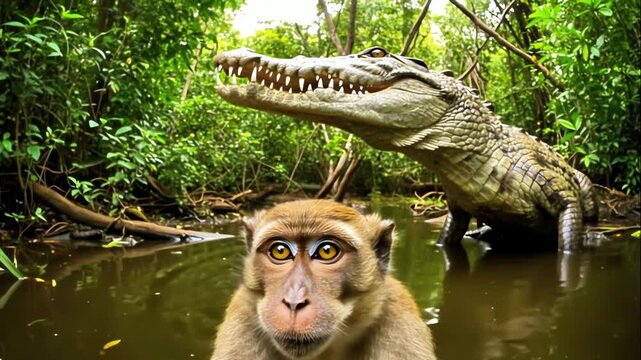 Close-up of a brown macaque at the edge of a river in the jungle with a large crocodile hiding in the murky green water behind it among the dense foliage. Concept of encountering wild animals