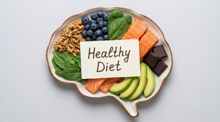 healthy diet label on plate with nutritious food including nuts blueberries spinach avocado and grains for balanced nutrition meal planning and wellness lifestyle choices