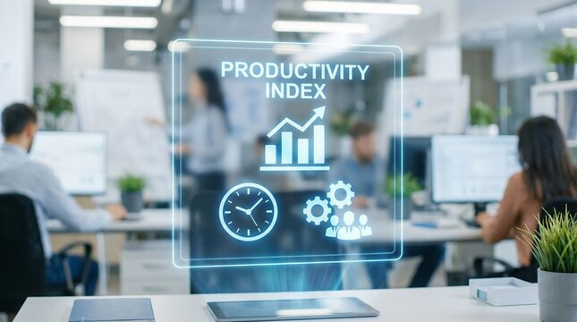 productivity index holographic display showing business performance metrics with growth chart clock and team icons for workplace efficiency measurement and employee output tracking in modern office