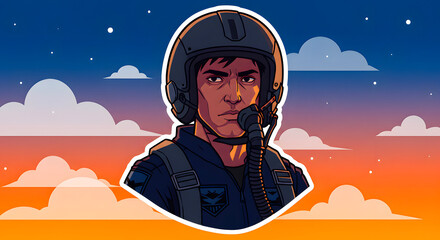 A determined pilot in flight gear, depicted in a modern vector illustration against a vibrant twilight sky, symbolizing the spirit of aviation and dedicated service