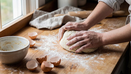 Hands kneading dough on wooden table with eggshells and bowl in lived culinary spaces creating mess in warm natural light