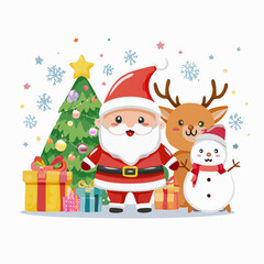 Happy Santa Claus cartoon vector illustration with Christmas gifts and a winter tree decoration