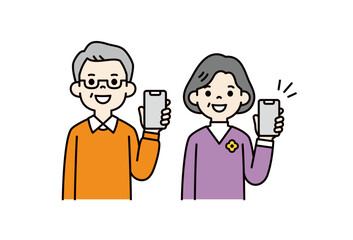 左手でスマートフォンの画面を見せる、年配の男女の上半身ベクターイラスト素材セット＿カラー