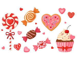 Valentine Sweet Treats Collection – Cute Candy, Cupcake and Heart Cookie Vector
