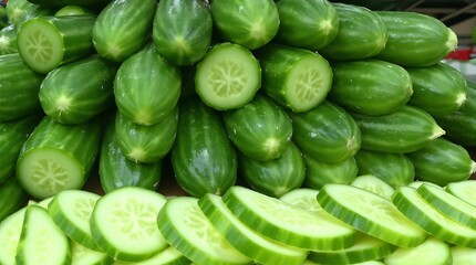 A large pile of fresh green cucumbers, with some cut in half and many slices in the foreground, showcasing their crisp texture.
