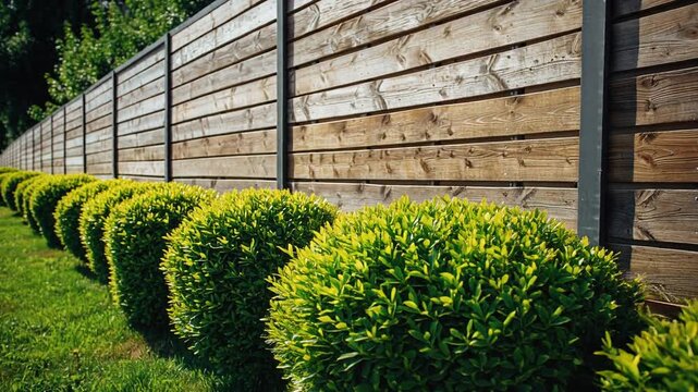 Low-angle shot of a long horizontal wooden slat fence and a continuous row of neatly trimmed boxwood hedges in a bright, sunny backyard.