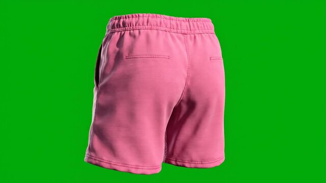Pink fabric shorts mockup rotating in full 360-degree loop on clean green screen for apparel preview use