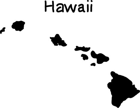 Bold black silhouette map of Hawaii showing its iconic island chain. Perfect for educational materials, travel graphics, posters, infographics, and geographic design projects.
