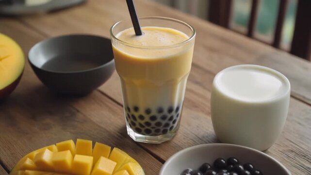 A rustic overhead shot of various ingredients for making mango boba on a wooden surface: tapioca pearls, sliced mangoes, condensed milk, and several small glasses.