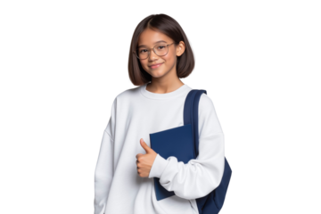 Smiling young student with glasses carrying a blue backpack and holding a blue notebook, isolated on transparent background