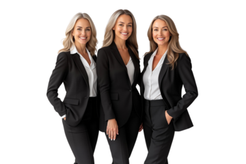 Group of business women in black suits smiling, standing side-by-side, isolated on transparent background