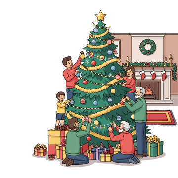 Adegan vektor datar 2D cerah menunjukkan keluarga multgenerasi yang bahagia mendekorasi pohon Natal besar yang dihiasi dengan ornamen detail, tinsel, dan lampu di ruang tamu yang nyaman.
