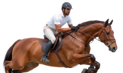 Handsome athletic man riding horse and show jumping isolated on transparent background