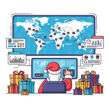 Ilustrasi vektor datar 2D yang cerah menunjukkan Sinterklas yang sibuk mengelola peta logistik pengiriman hadiah global yang kompleks pada layar digital raksasa, dikelilingi kotak hadiah meriah.