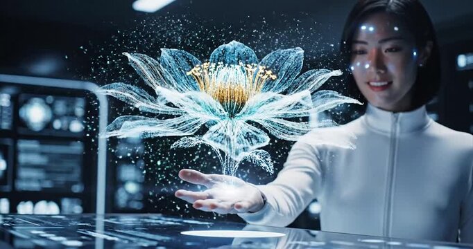 Woman Interacting with Holographic Flower in a Futuristic Setting.