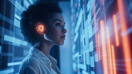 Young woman interacting with futuristic digital interface in dark, hightech environment
