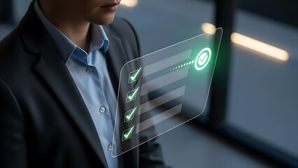 Business professional reviewing digital checklist on futuristic holographic interface screen.