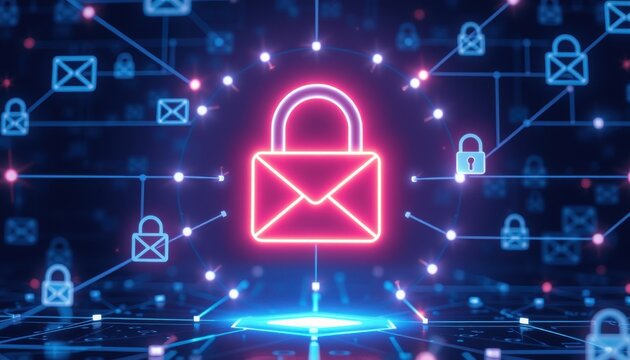 Glowing neon padlock icon symbolizing digital security and encrypted communication in a futuristic network grid - Powered by Adobe