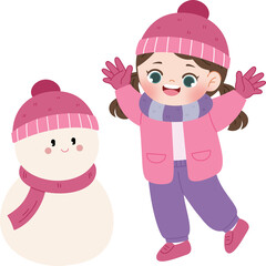 cute girl playing with snowman