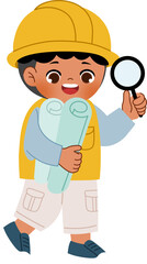 cartoon builder with a magnifying glass