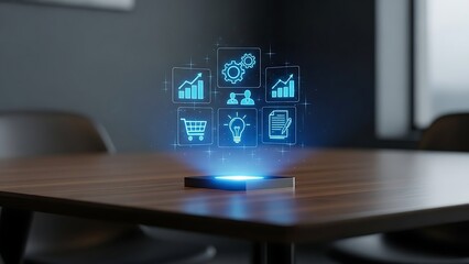 Futuristic holographic display of business growth charts and icons on a table.