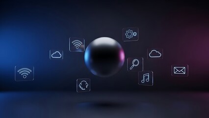 Abstract dark background with floating metallic sphere and glowing futuristic technology icons.